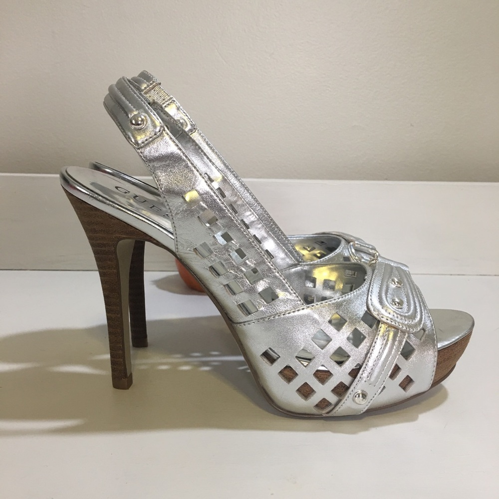 Guess Silver Leather High Heel Peep Toe Shoes